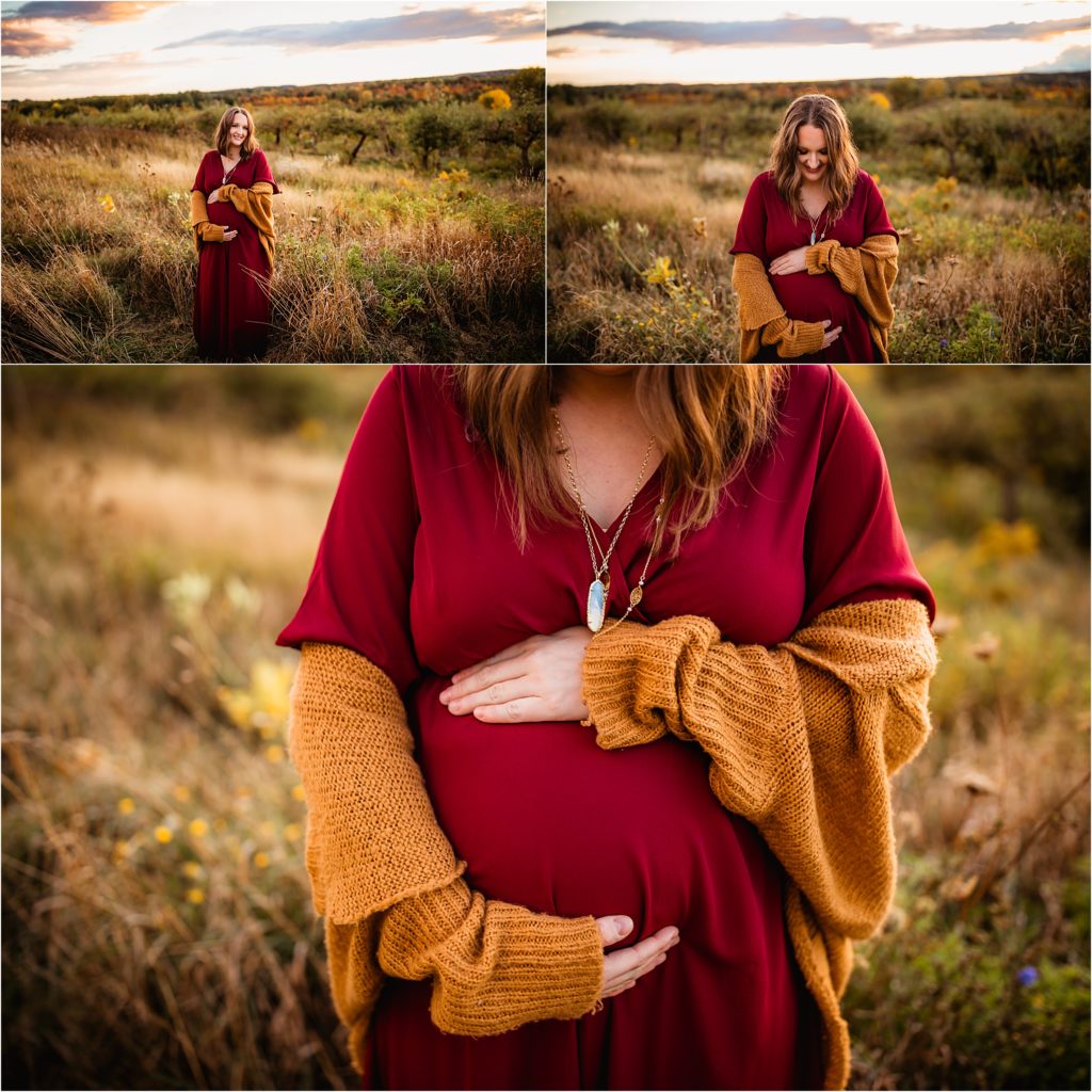 posed beautiful golden hour maternity outdoor sunset in Victor NY Apple farm in rochester ny