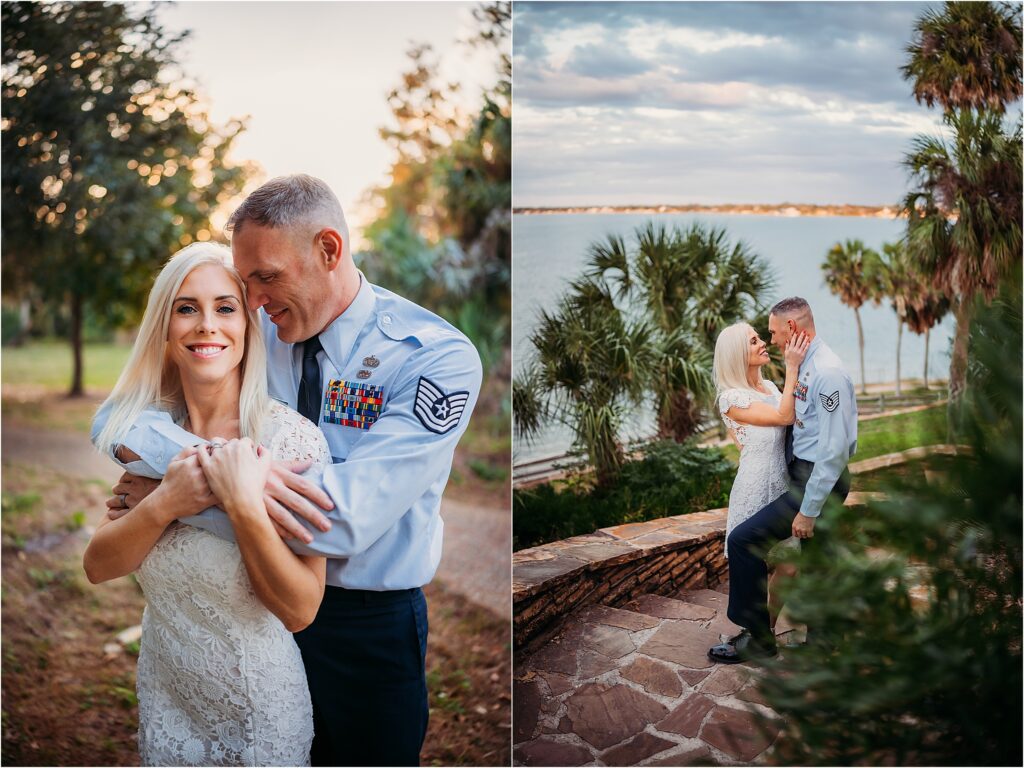 Engaged couple on steps of Philippe Park Safety Habor near Tampa