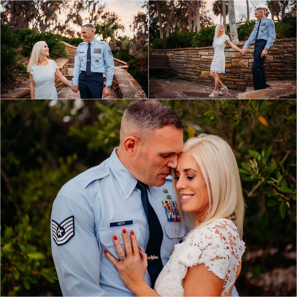 Newly married couple holding hands walking on steps Philippe Park Safety Habor near Tampa