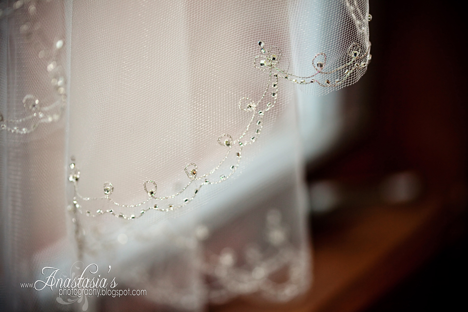 Brides beautiful wedding veil closeup.