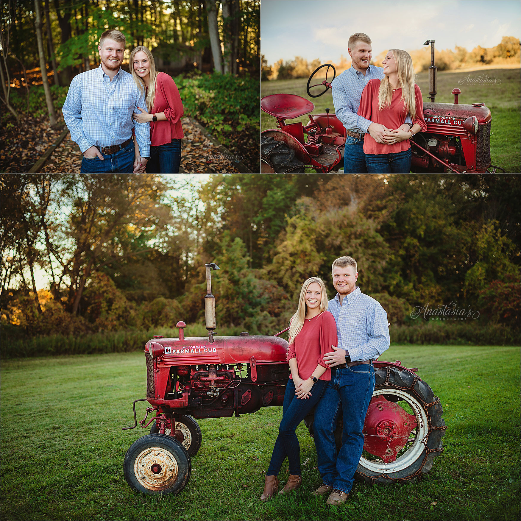 Rochester NY engaged couple on their farm home property in their field and on their tractor