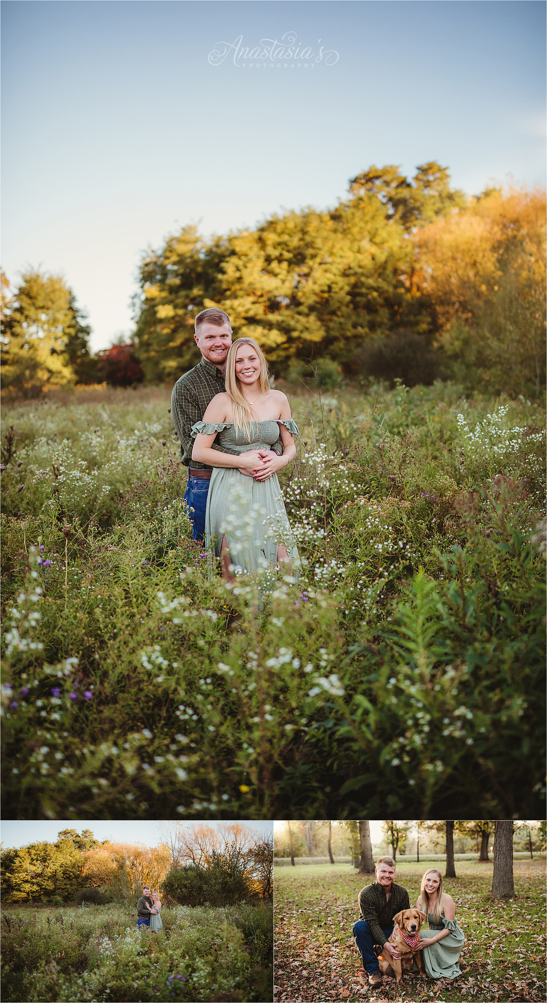 Rochester engagement couple in love holding each other in flower field pulled back picture