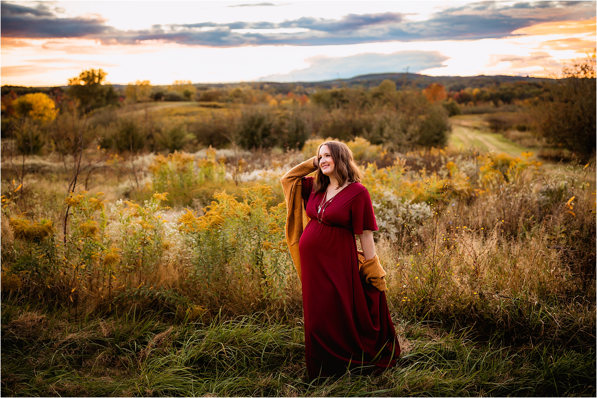 posed beautiful golden hour maternity outdoor sunset in Victor NY Apple farm in rochester ny