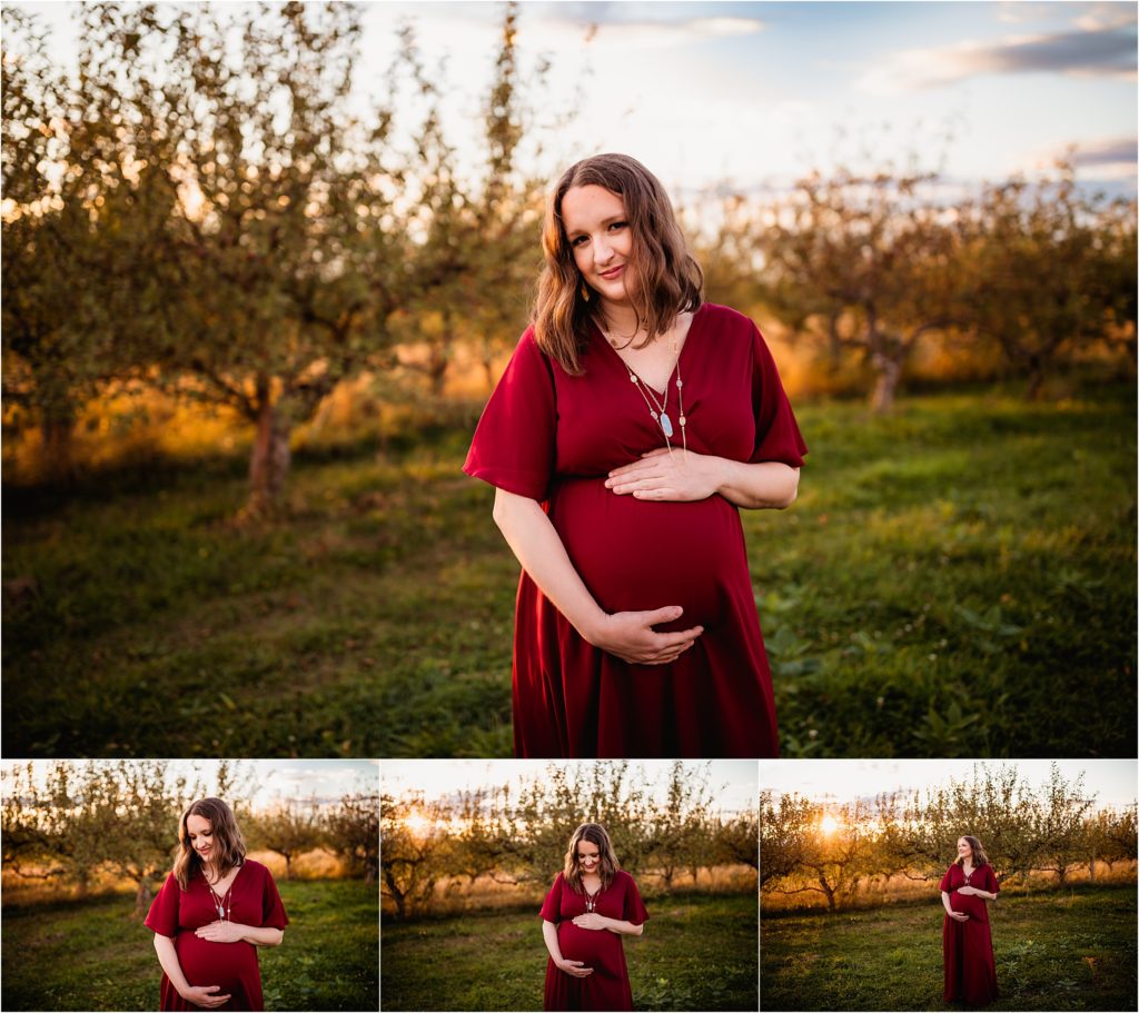 posed beautiful maternity outdoor sunset in Victor NY Apple farm in rochester ny