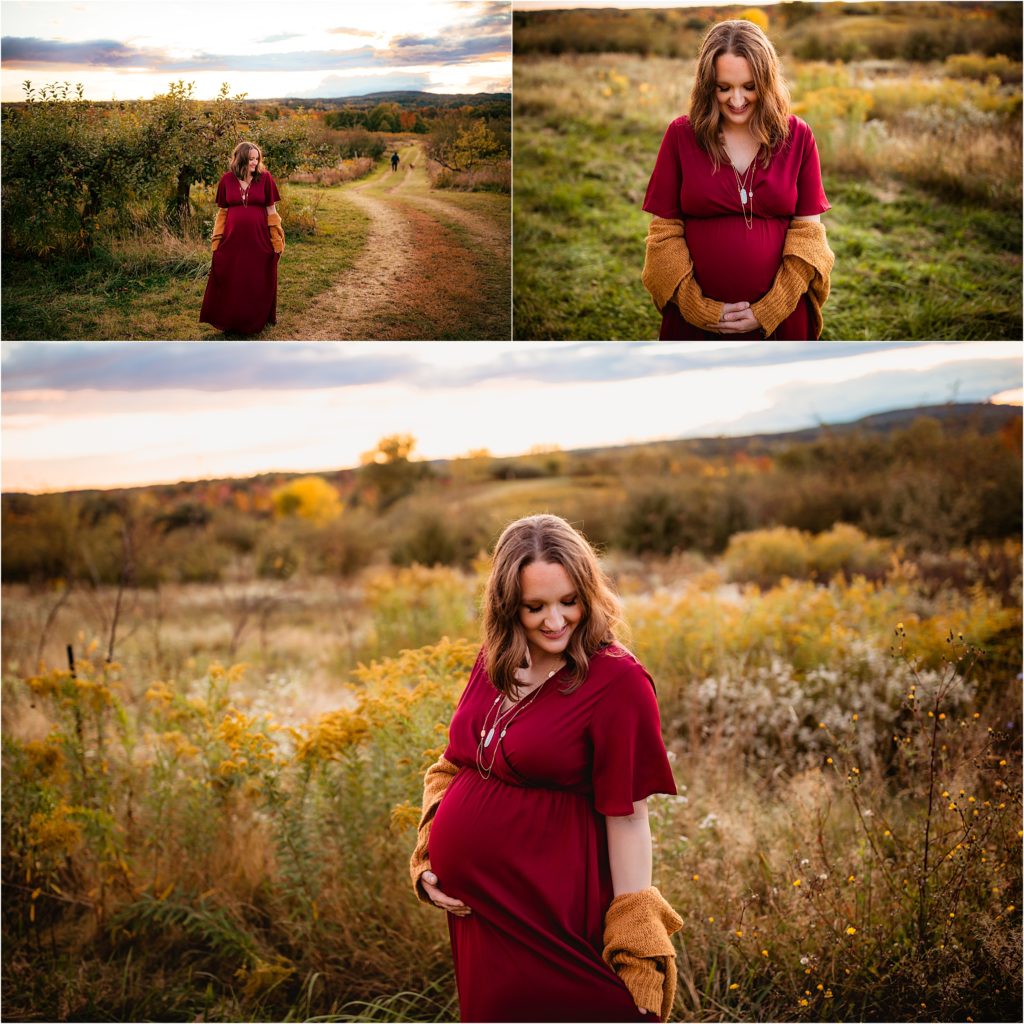 posed beautiful maternity outdoor sunset in Victor NY Apple farm in rochester ny