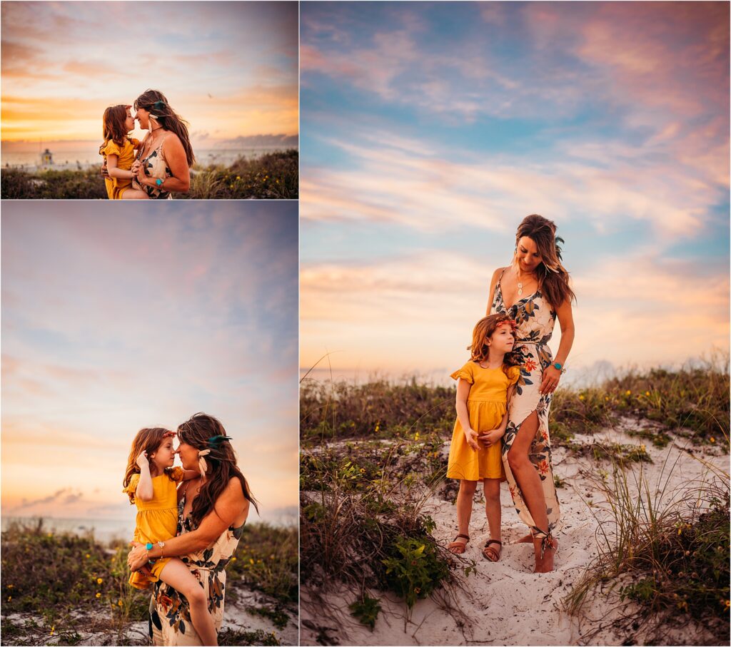 Clearwater Beach, FL Family Photography. Mother and daughter lovingly embrace at sunset on the sand dunes at Clearwater beach during golden hour full of radiant sunset colors