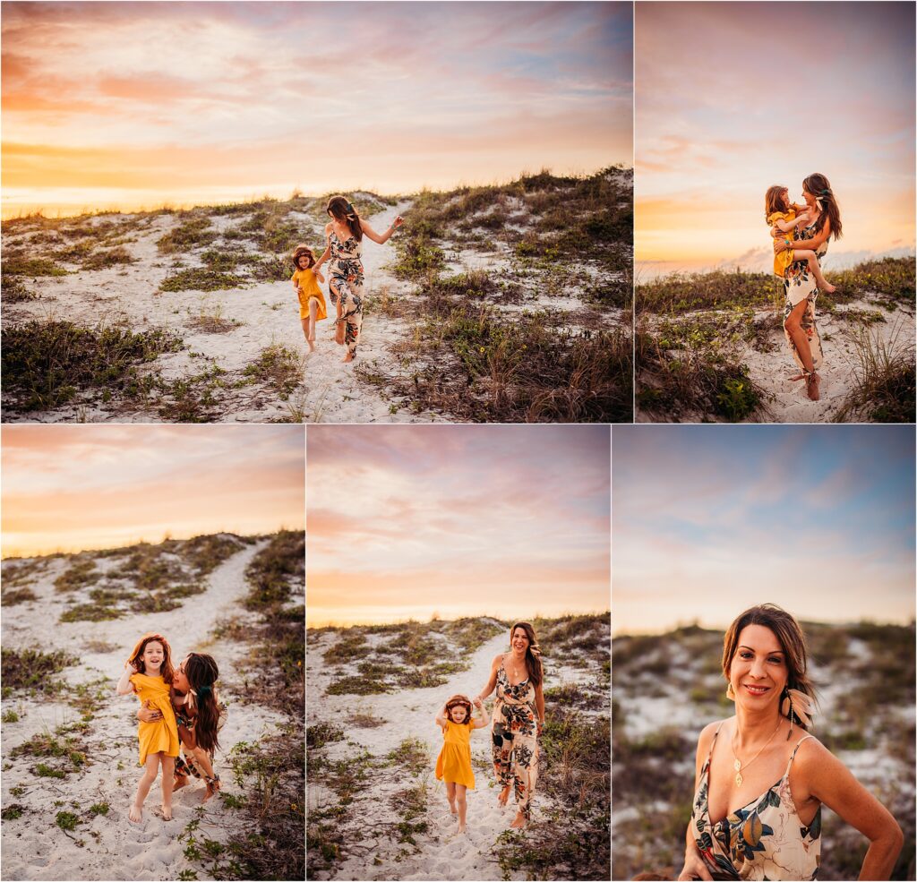 Clearwater Beach, FL Family Photography. Mother and daughter lovingly embrace at sunset on the sand dunes at Clearwater beach during golden hour full of radiant sunset colors