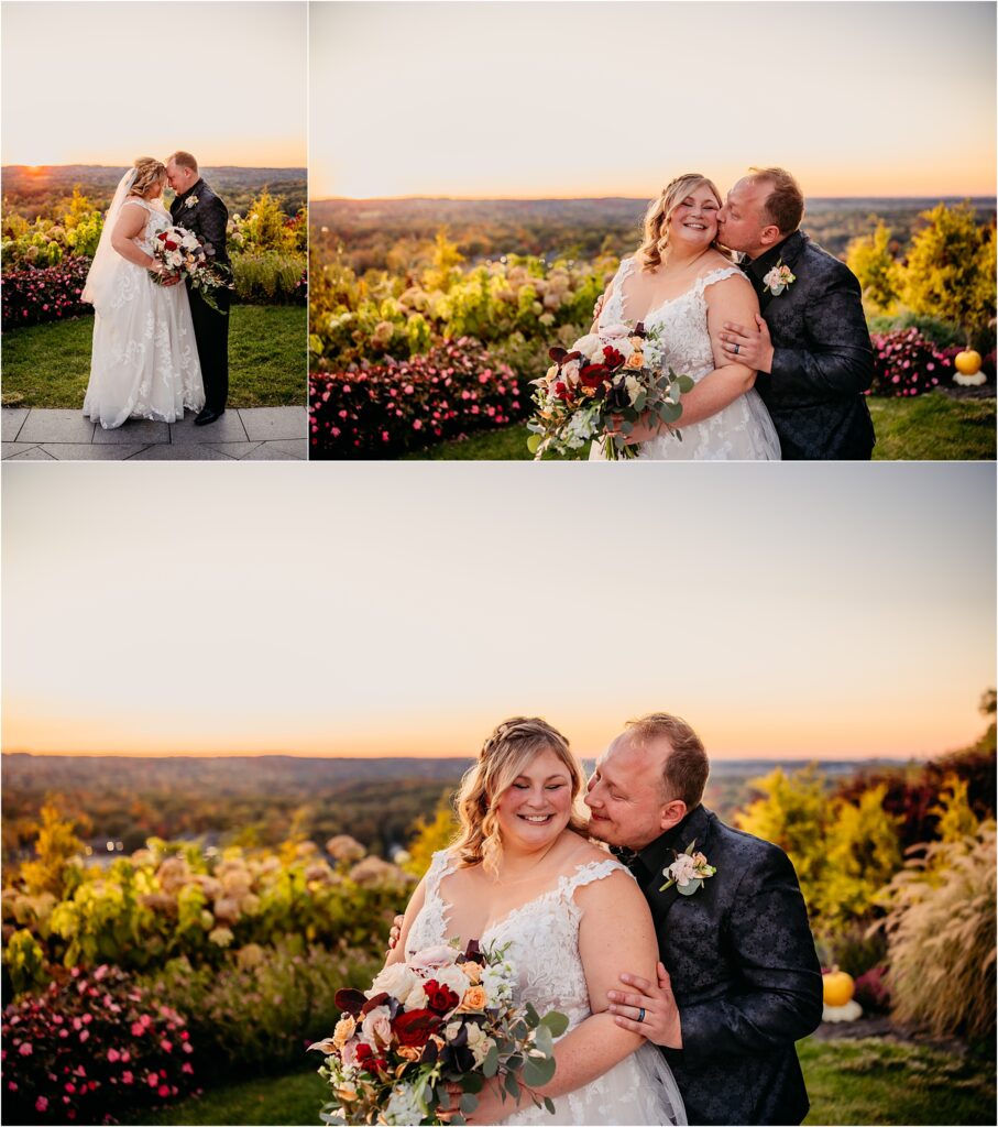 Bride and groom golden hour wedding portraits full of love and gorgeous golden hour hues and beautiful florals and wedding dress inspiration