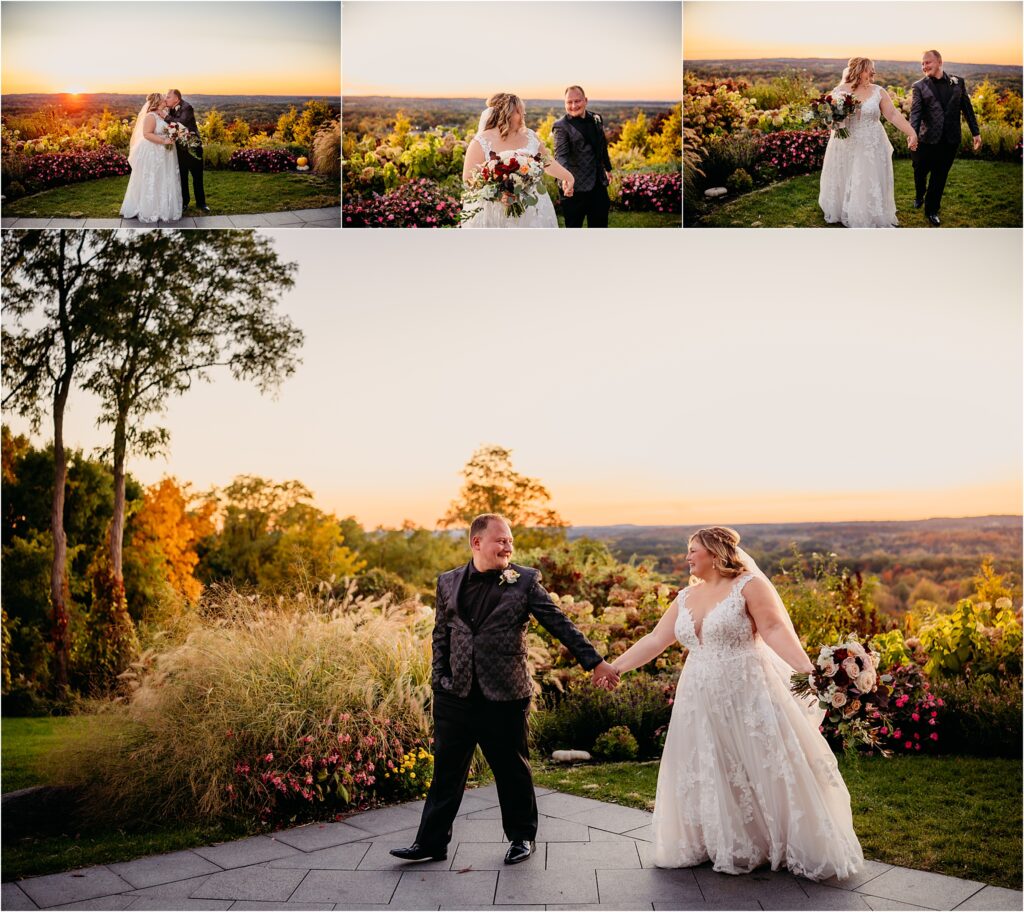 Rochester NY bridal couple embracing each other at Woodcliff Hotel & Spa during golden hour at sunset with warm florals and landscapes