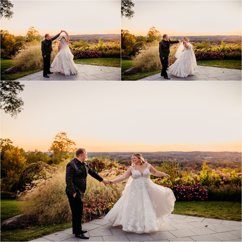 Bride and groom dancing during golden our sunset at Woodcliff Hotel & Spa Venue overlooking all of Rochester for their wedding photographer wedding portraits