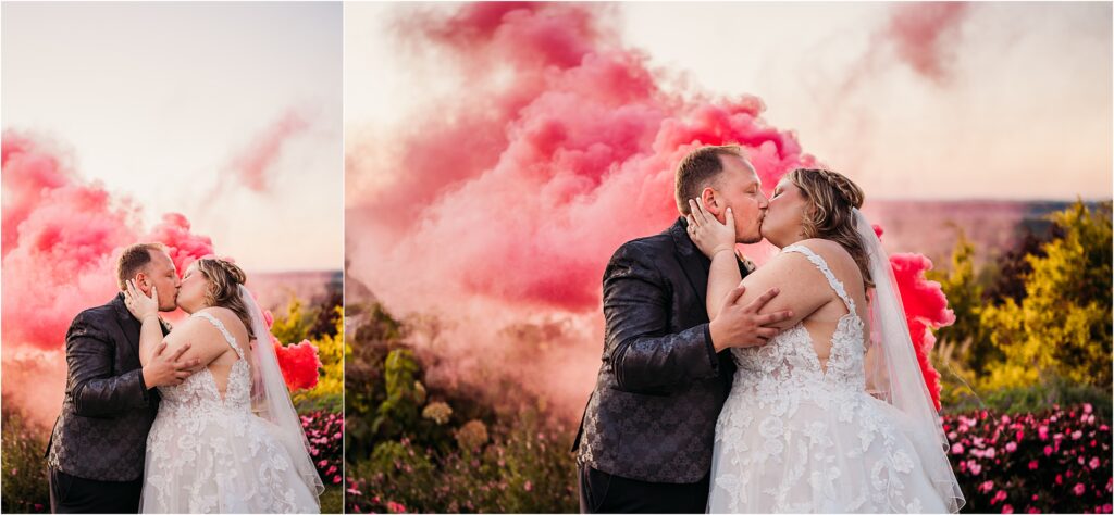 Fun smoke bomb outdoor golden hour wedding portraits full of memorable embracing portraits overlooking all of Rochester NY at Woodcliff Hotel & Spa Venue