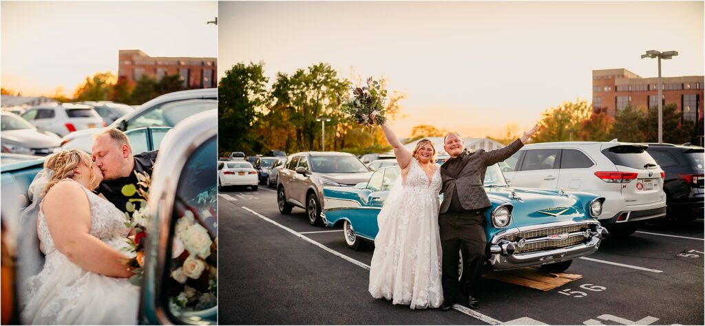 Bridal couple dancing together under golden hour sunset radiating warm tones ans soft sun glow