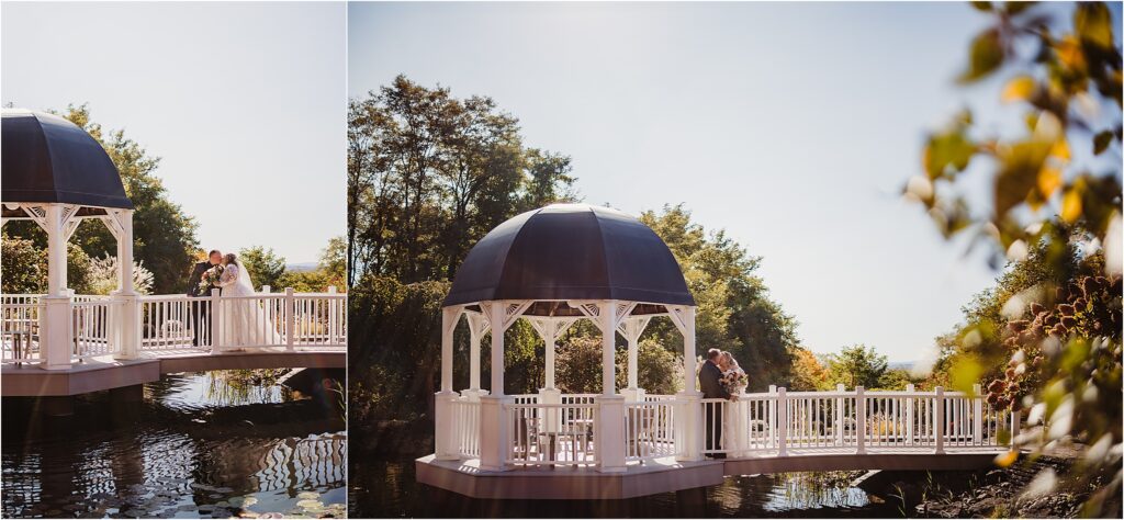 Rochester NY bridal couple embracing each other at Woodcliff Hotel & Spa during golden hour at sunset with warm florals and landscapes